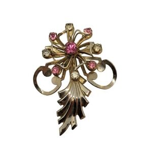 Vintage Gold Tone Pink Clear Rhinestones Brooch Pin